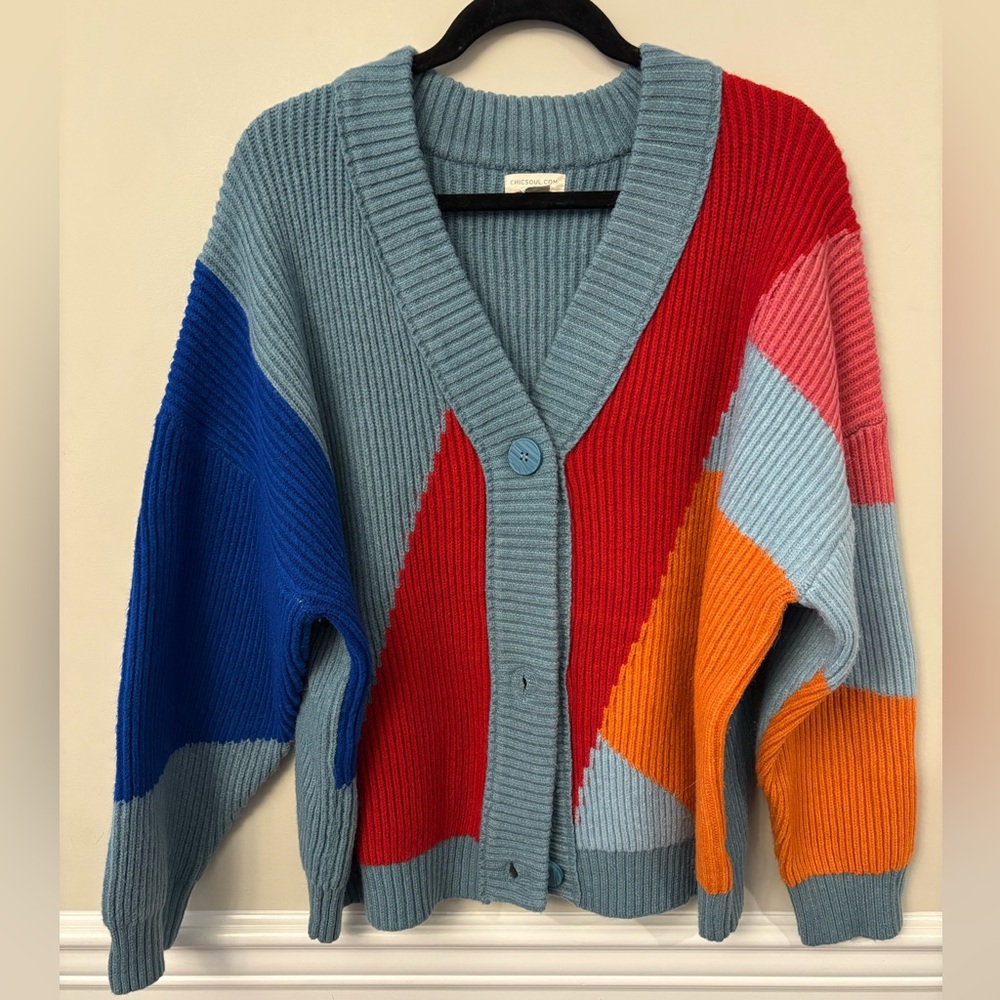 Chic Soul Colorblock Cardigan in Blue, Red, and Orange